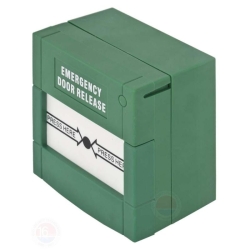 Buton aplicabil din plastic pentru iesire de urgenta; Material: plastic, culoare verde; 2x contacte NO/NC;
