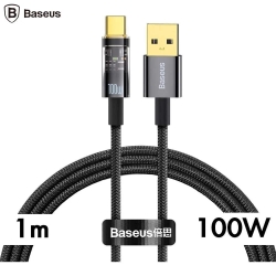 Cablu de date Baseus Explorer, Fast Charging 100W, USB la USB Type-C, 1m, Auto Power-Off, Negru transparent 