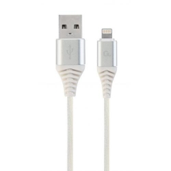 Cablu de date Gembird Premium Cotton Braided, USB - Lightning, 1m, White-Silver