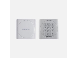 Cititor card Hikvision DS-K1801E, citeste carduri RFID EM 125Khz, distanta citire: 50mm, comunicare: Wiegand 26/34 protocol, indicator LED de stare si alimentare; alimentare: 12VDC, IP65, dimensiuni: 87 × 87 × 13.3mm