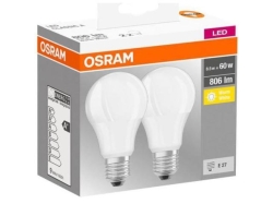 Set 2 becuri Led Osram, E27, LED BASE CLASSIC A, 8.5W(60W), 220-240V, 806 lumeni, lumina calda (2700K), durata de viata 10.000 ore, clasa energetica A+